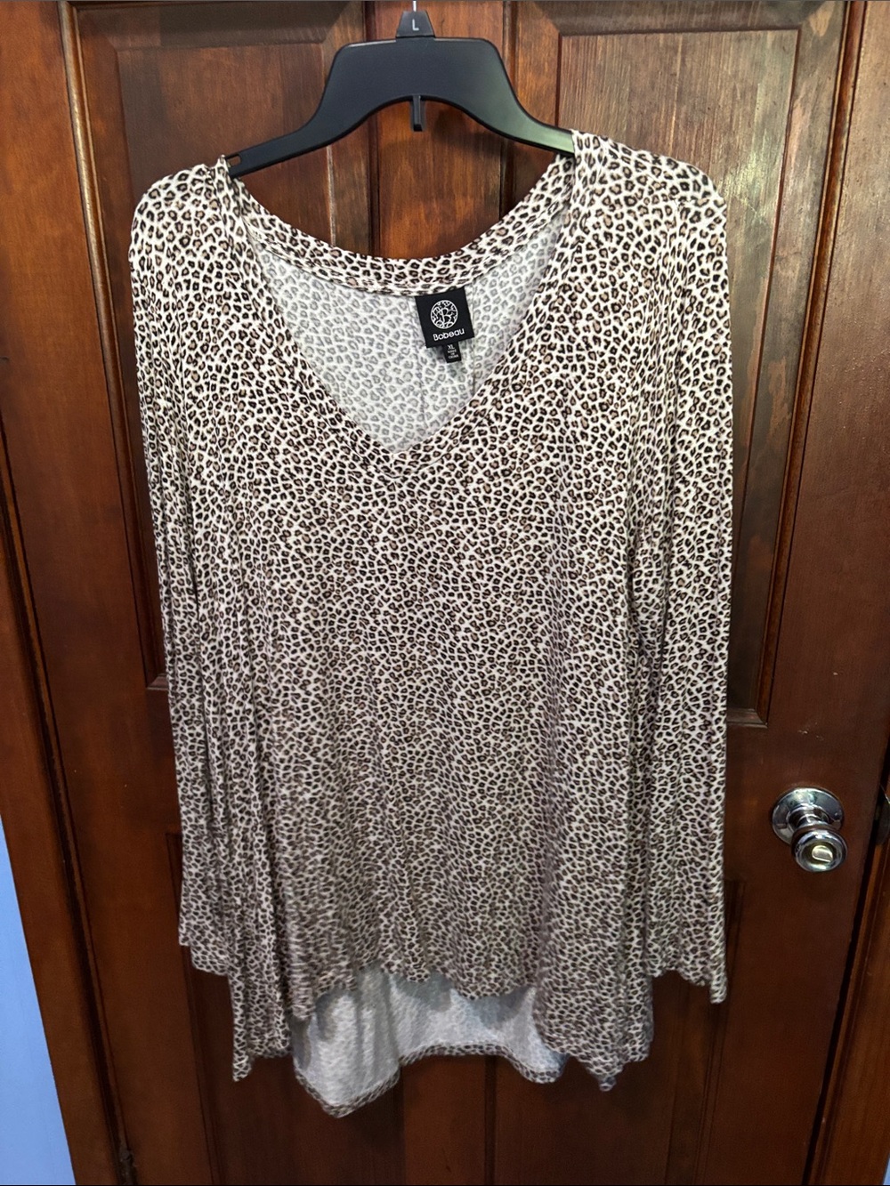 bobeau Taupe and Black Leopard V-Neck Long Sleeve Tunic